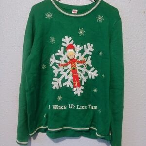 Holiday Time Green Knit Elf‎ I Woke Up This Way Ugly Christmas Sweater XL 16-18